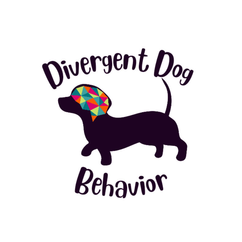 Divergent Dog Behavior Consulting Divergent Dog Behavior wraps around a purple silhouette of a dachshund with a geometric brain in the head. The brain is lime green, magenta, orange and blue.